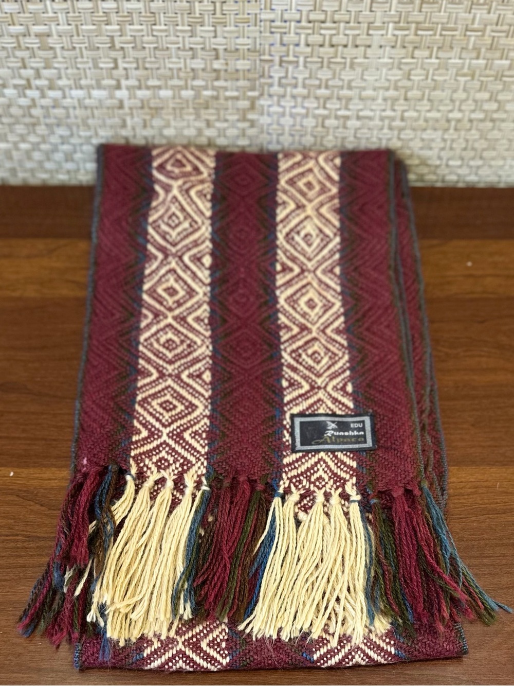 Burgundy EDU Ruashka Alpaca Blend Scarf Woven Geometric Diamond Fringe Peru